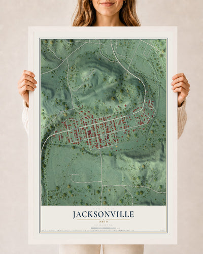 Map of Jacksonville, Ohio, 24 x 36 inch print in a white wood frame