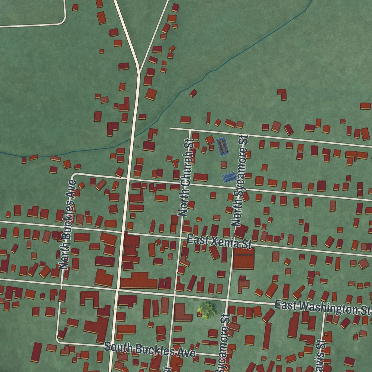 Close-up of the map of Jamestown, Ohio print showing street and building detail