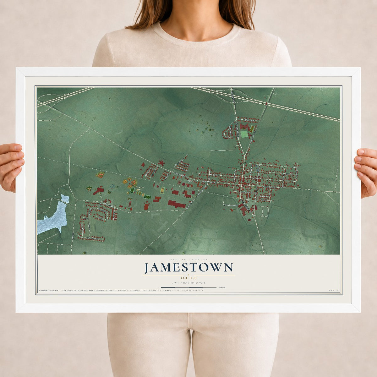 Map of Jamestown, Ohio, 18 x 24 inch print in a white wood frame