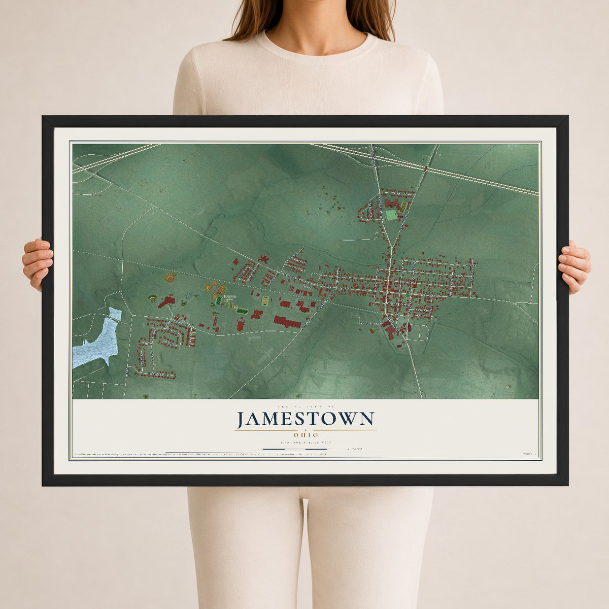 Map of Jamestown, Ohio, 24 x 36 inch print in a black wood frame