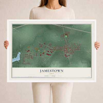 Map of Jamestown, Ohio, 24 x 36 inch print in a white wood frame