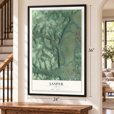 Jasper, Ohio map, 24 x 36 inch print in a black frame by a staircase