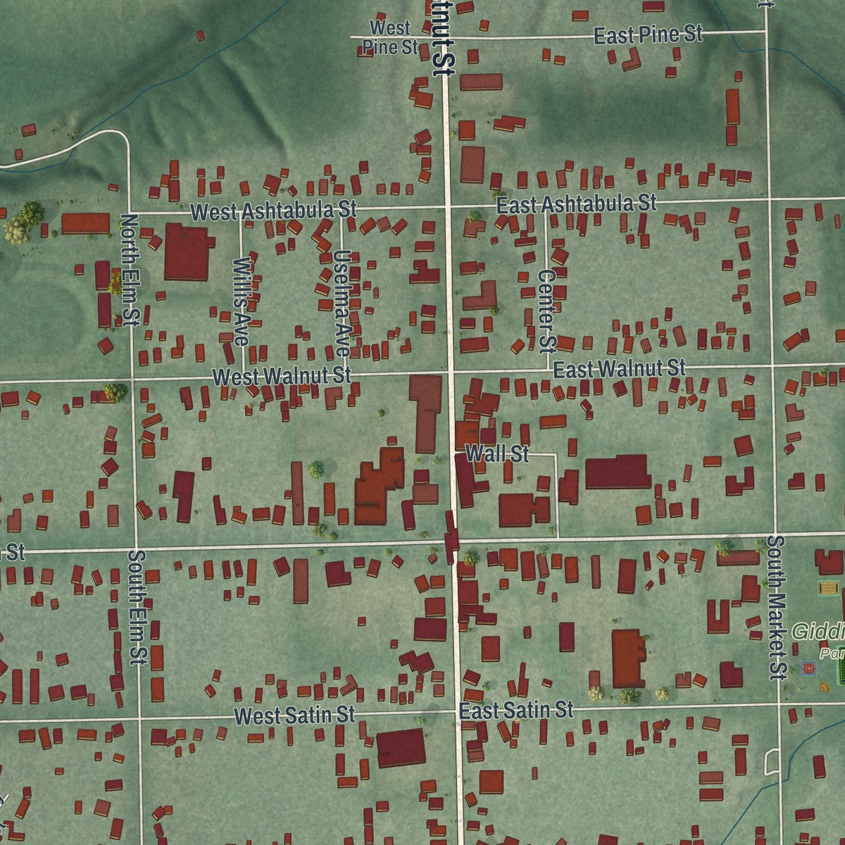 Close-up of the map of Jefferson, Ohio print showing street and building detail