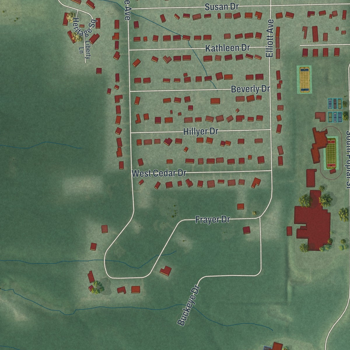 Second close-up of the map of Jefferson, Ohio print showing more streets and buildings