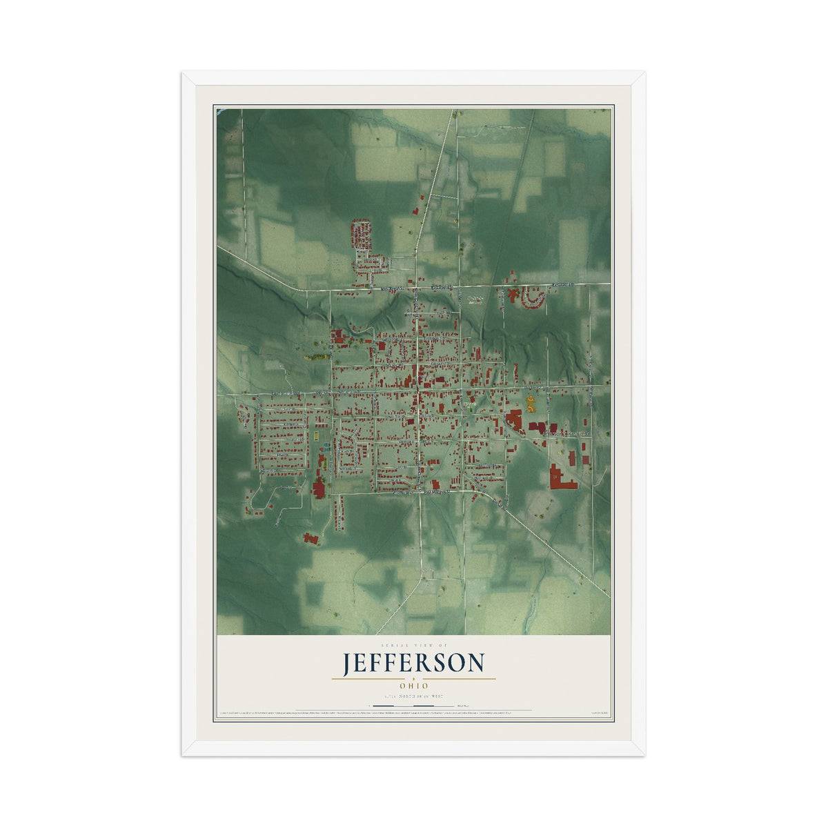 Map of Jefferson, Ohio, 12 x 18 inch print in a white wood frame