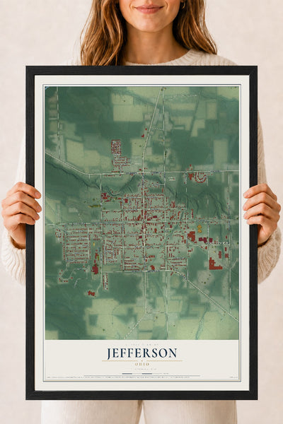 Map of Jefferson, Ohio, 18 x 24 inch print in a black wood frame
