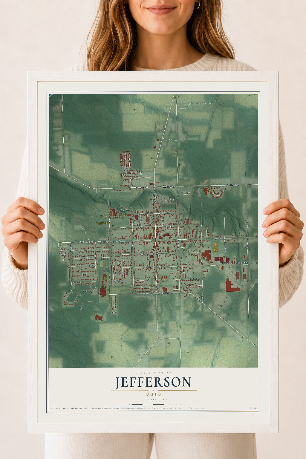 Map of Jefferson, Ohio, 18 x 24 inch print in a white wood frame
