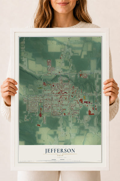 Map of Jefferson, Ohio, 18 x 24 inch print in a white wood frame