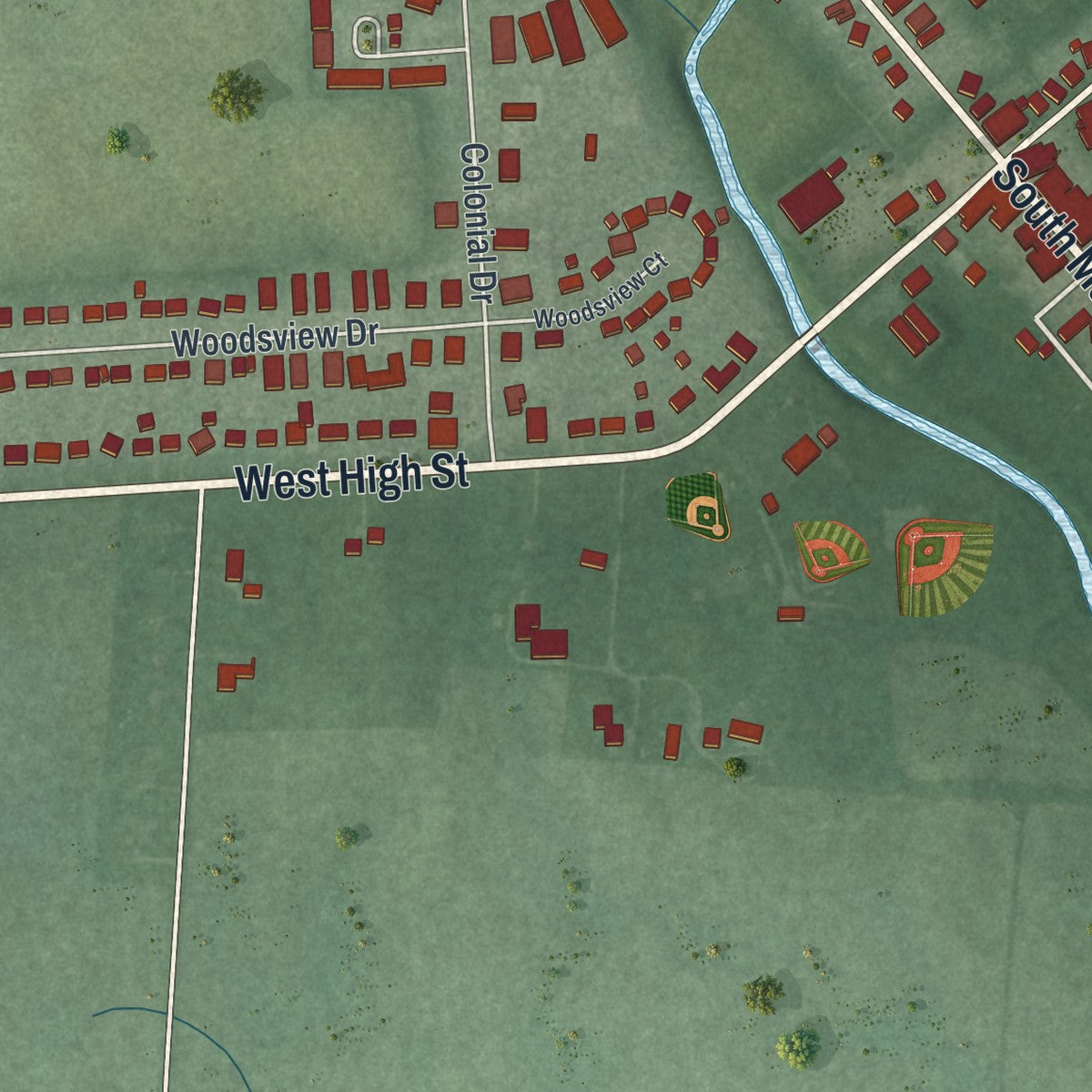 Second close-up of the map of Jeffersonville, Ohio print showing more streets and buildings