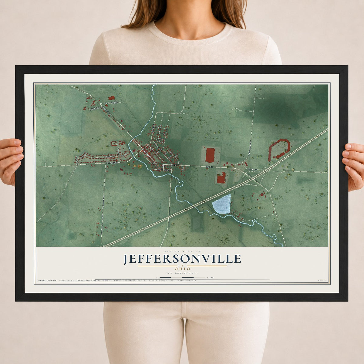 Map of Jeffersonville, Ohio, 18 x 24 inch print in a black wood frame