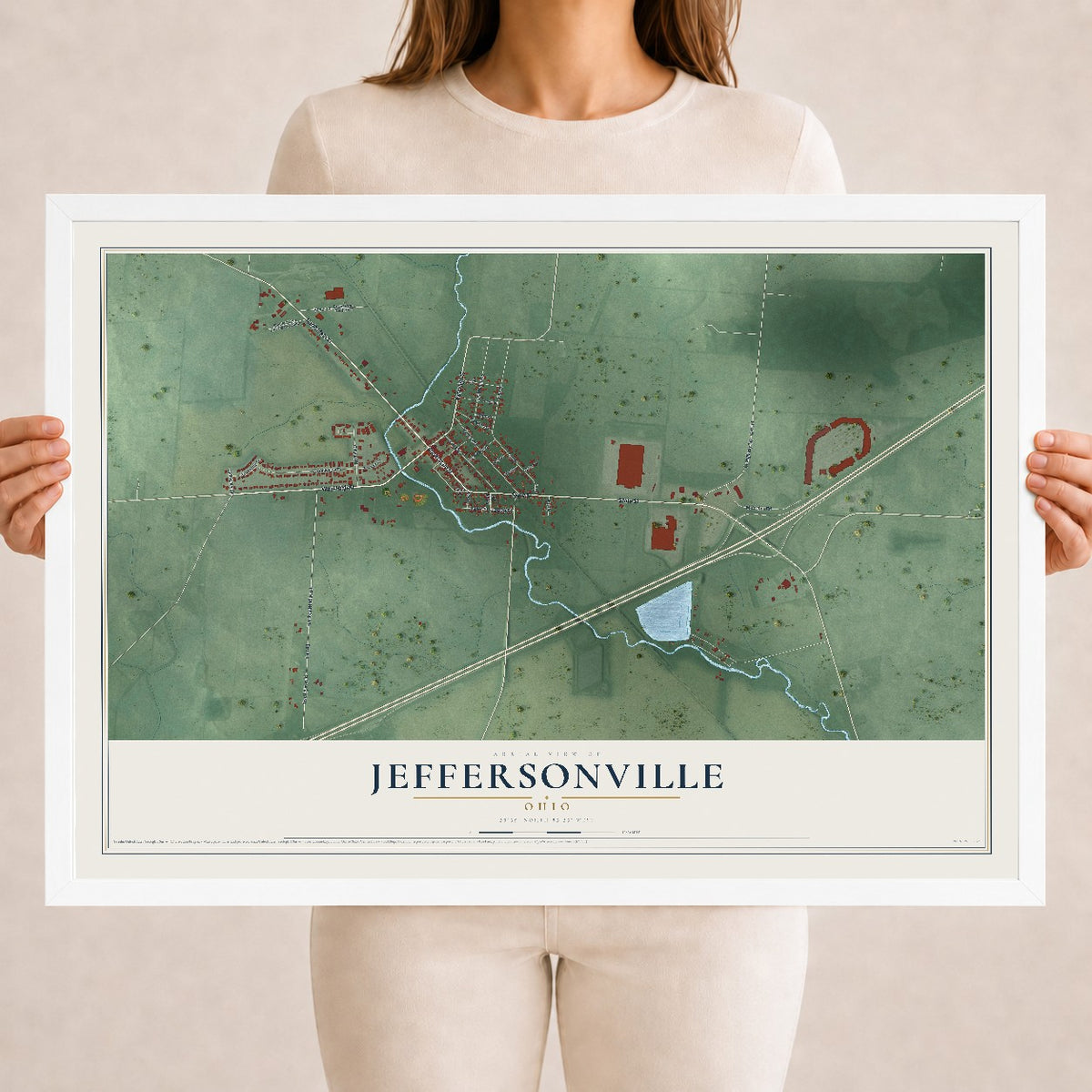 Map of Jeffersonville, Ohio, 18 x 24 inch print in a white wood frame