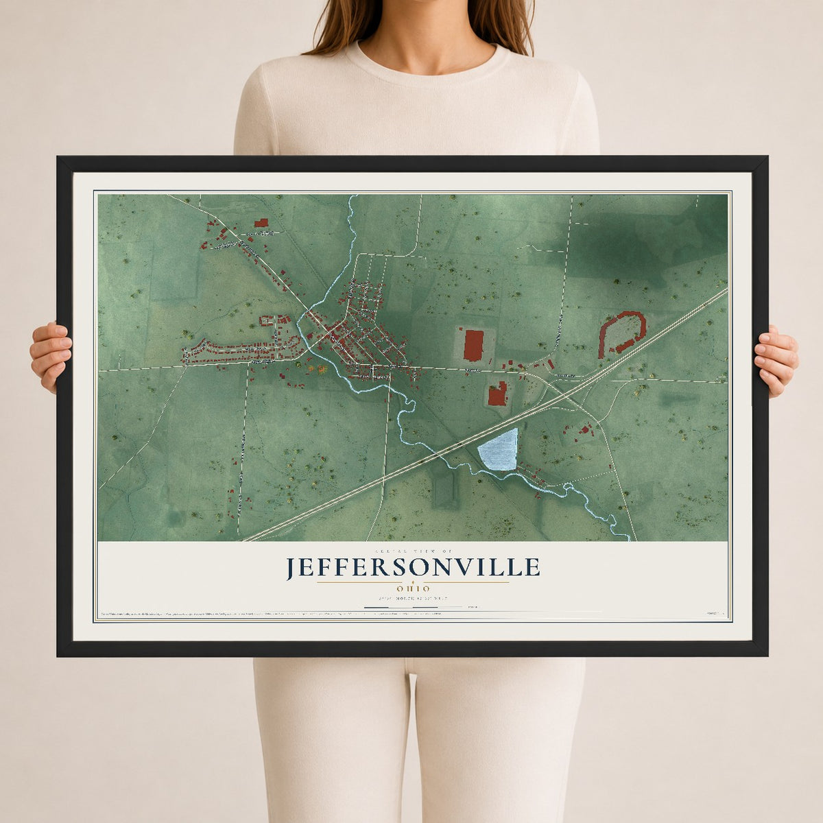 Map of Jeffersonville, Ohio, 24 x 36 inch print in a black wood frame