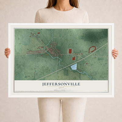 Map of Jeffersonville, Ohio, 24 x 36 inch print in a white wood frame