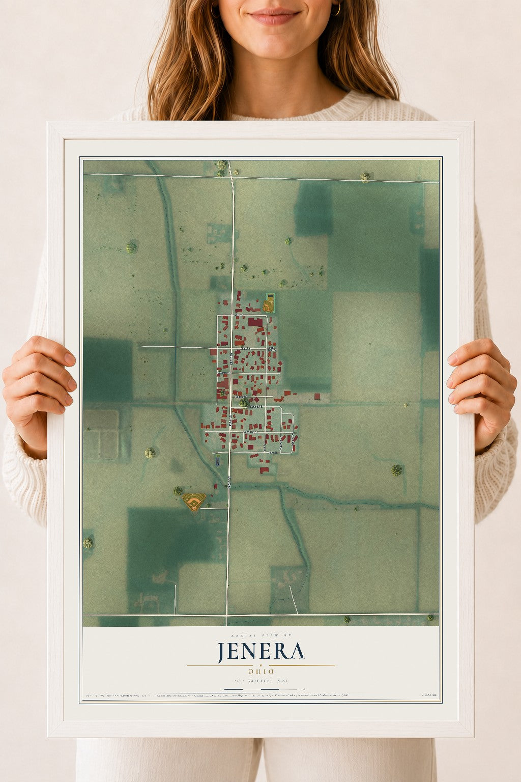 Map of Jenera, Ohio, 18 x 24 inch print in a white wood frame