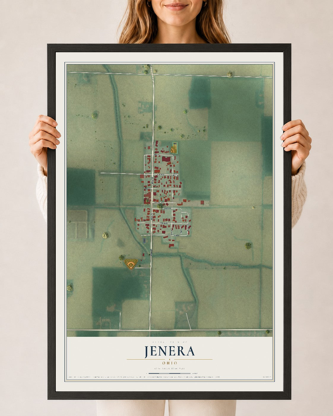 Map of Jenera, Ohio, 24 x 36 inch print in a black wood frame