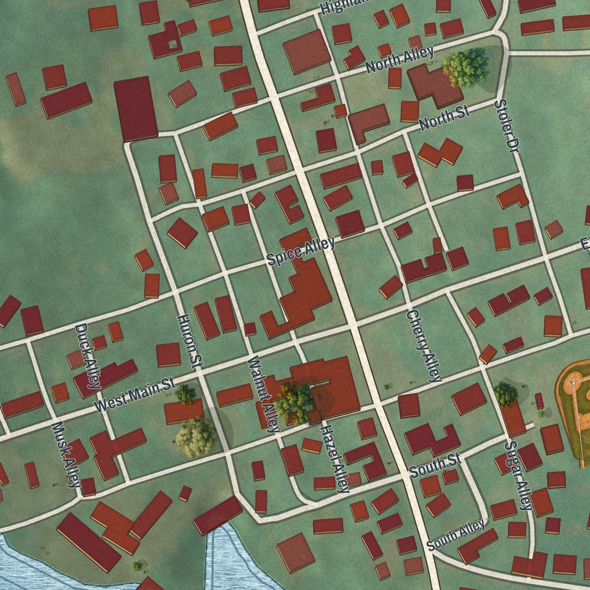 Close-up of the map of Jeromesville, Ohio print showing street and building detail