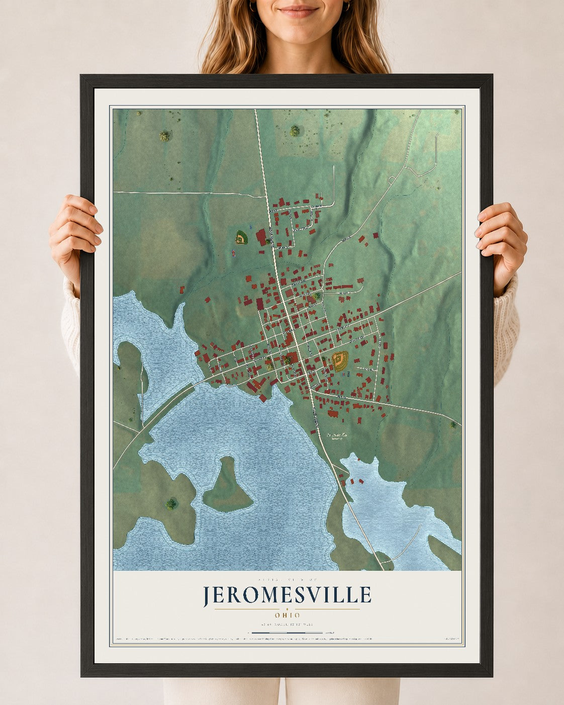Map of Jeromesville, Ohio, 24 x 36 inch print in a black wood frame