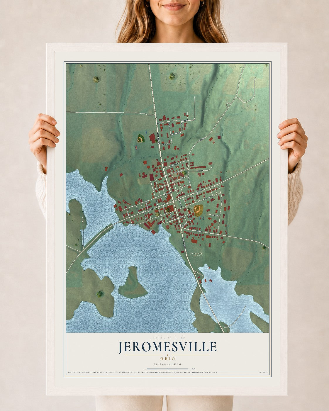 Map of Jeromesville, Ohio, 24 x 36 inch print in a white wood frame