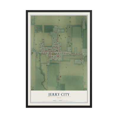 Map of Jerry City, Ohio, 12 x 18 inch print in a black wood frame