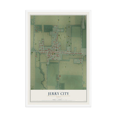 Map of Jerry City, Ohio, 12 x 18 inch print in a white wood frame