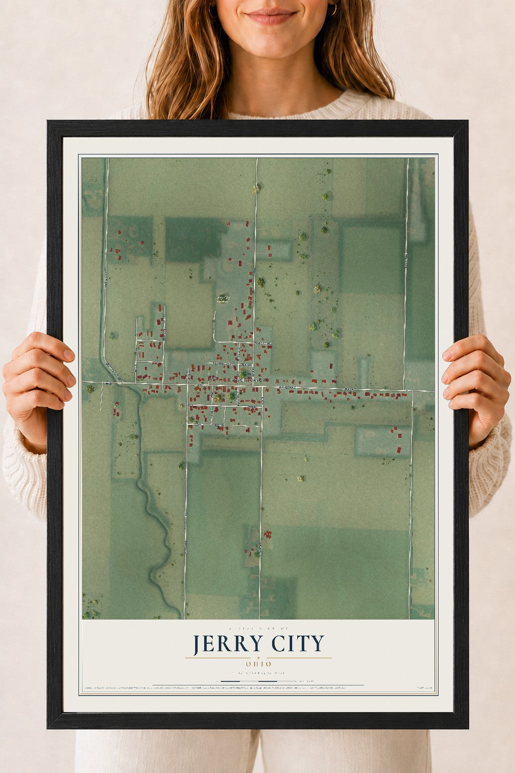 Map of Jerry City, Ohio, 18 x 24 inch print in a black wood frame