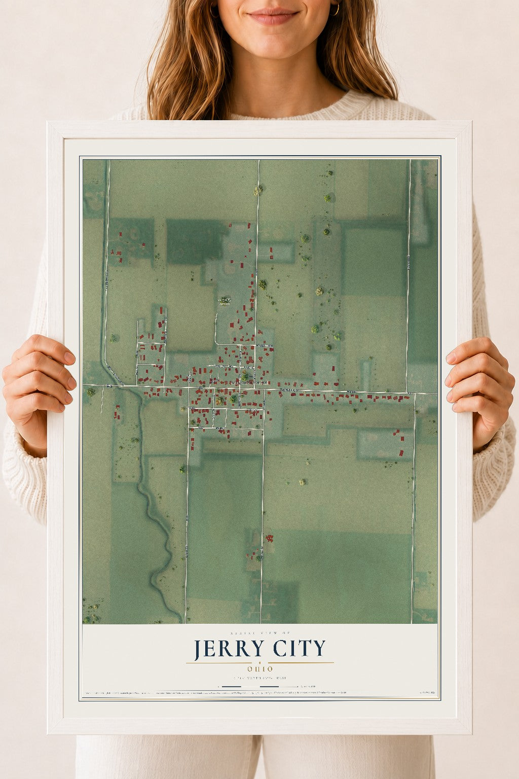 Map of Jerry City, Ohio, 18 x 24 inch print in a white wood frame