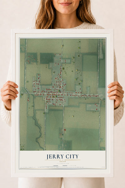 Map of Jerry City, Ohio, 18 x 24 inch print in a white wood frame