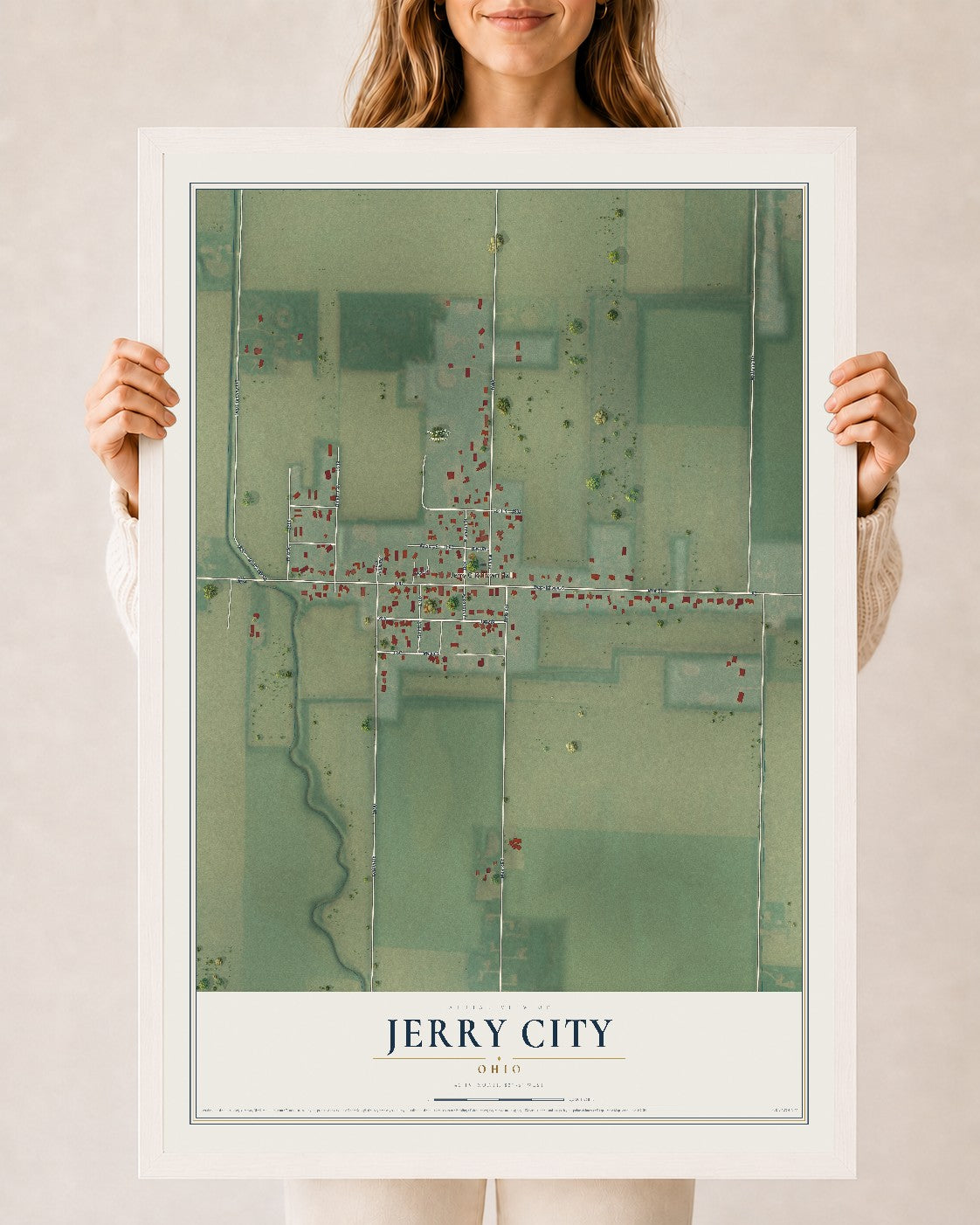 Map of Jerry City, Ohio, 24 x 36 inch print in a white wood frame