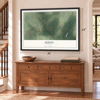 Jersey, Ohio map, 24 x 36 inch print in a black frame above a dresser by a staircase