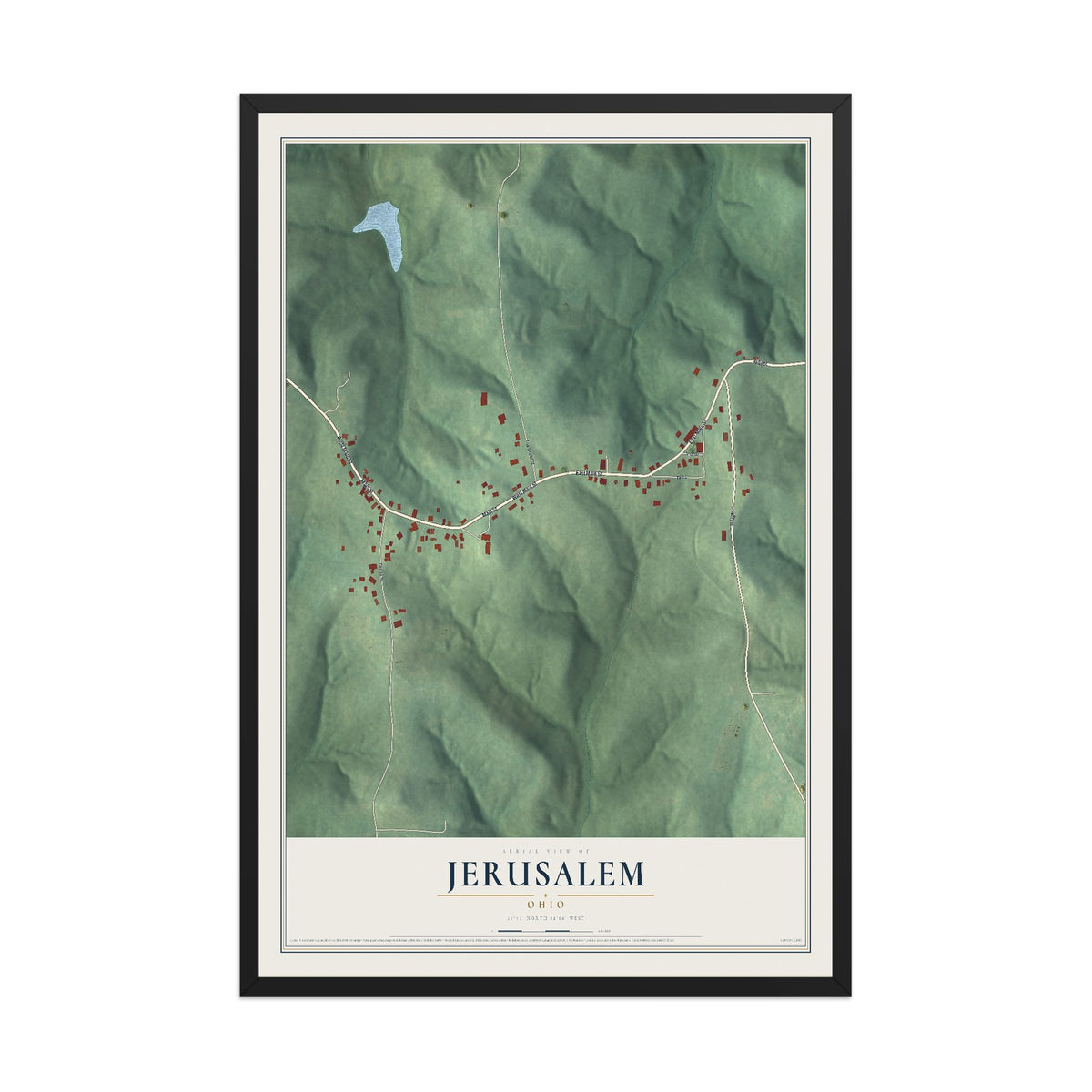 Map of Jerusalem, Ohio, 12 x 18 inch print in a black wood frame