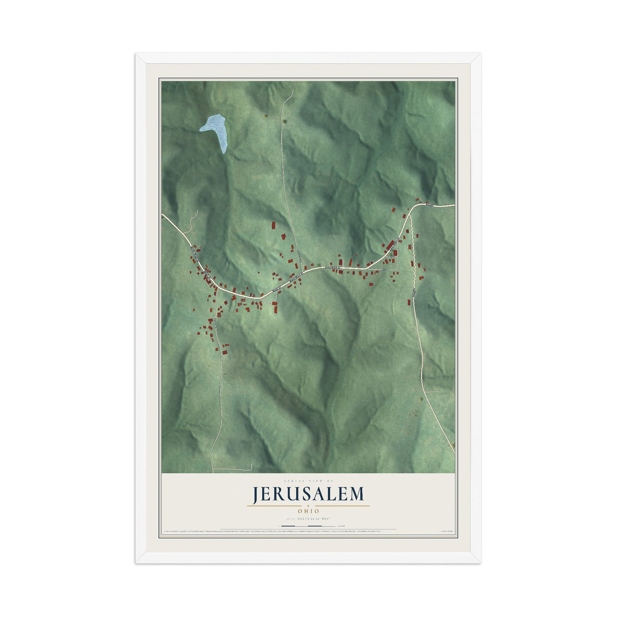 Map of Jerusalem, Ohio, 12 x 18 inch print in a white wood frame