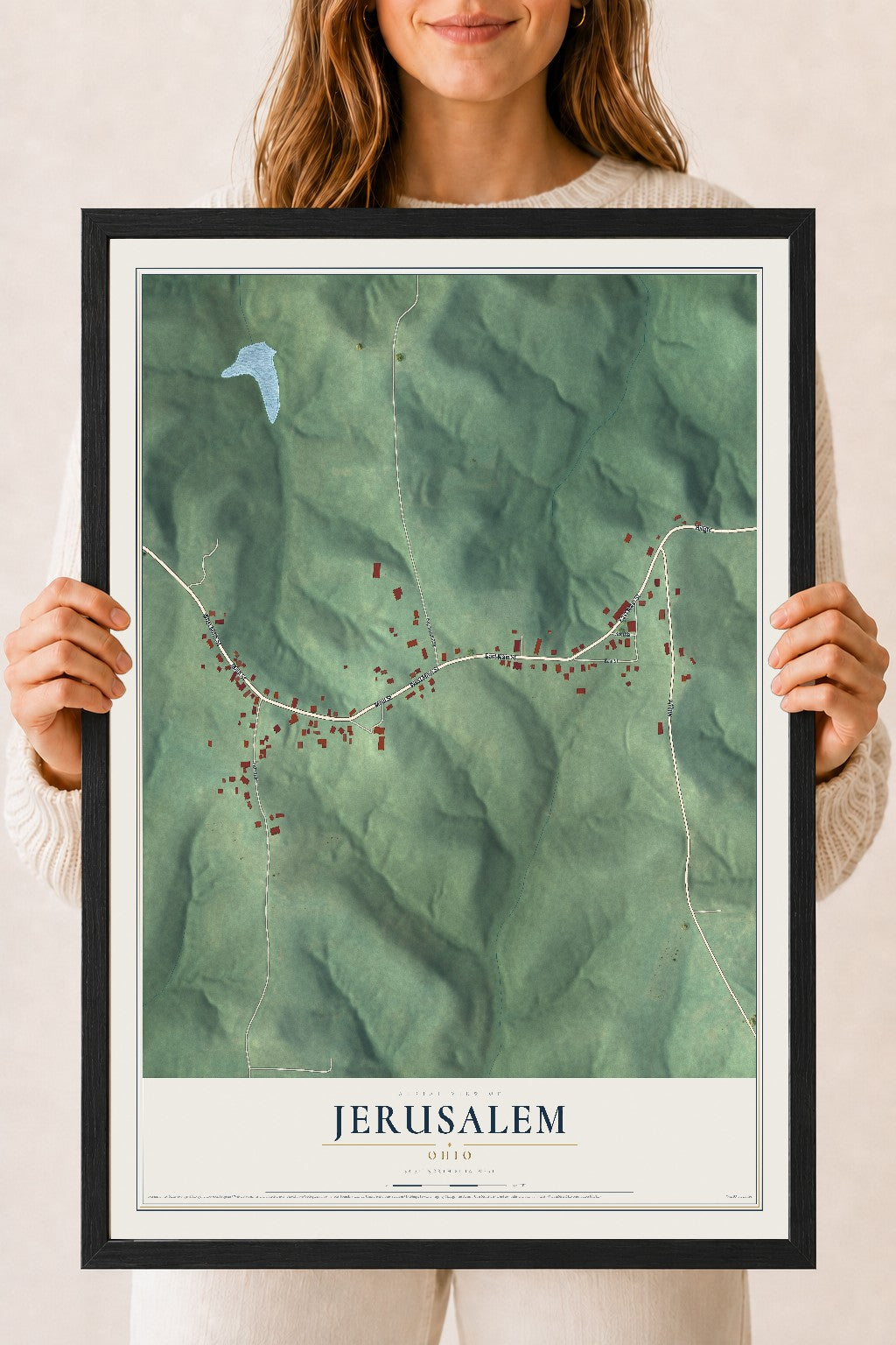 Map of Jerusalem, Ohio, 18 x 24 inch print in a black wood frame