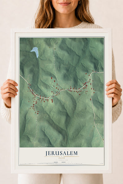 Map of Jerusalem, Ohio, 18 x 24 inch print in a white wood frame