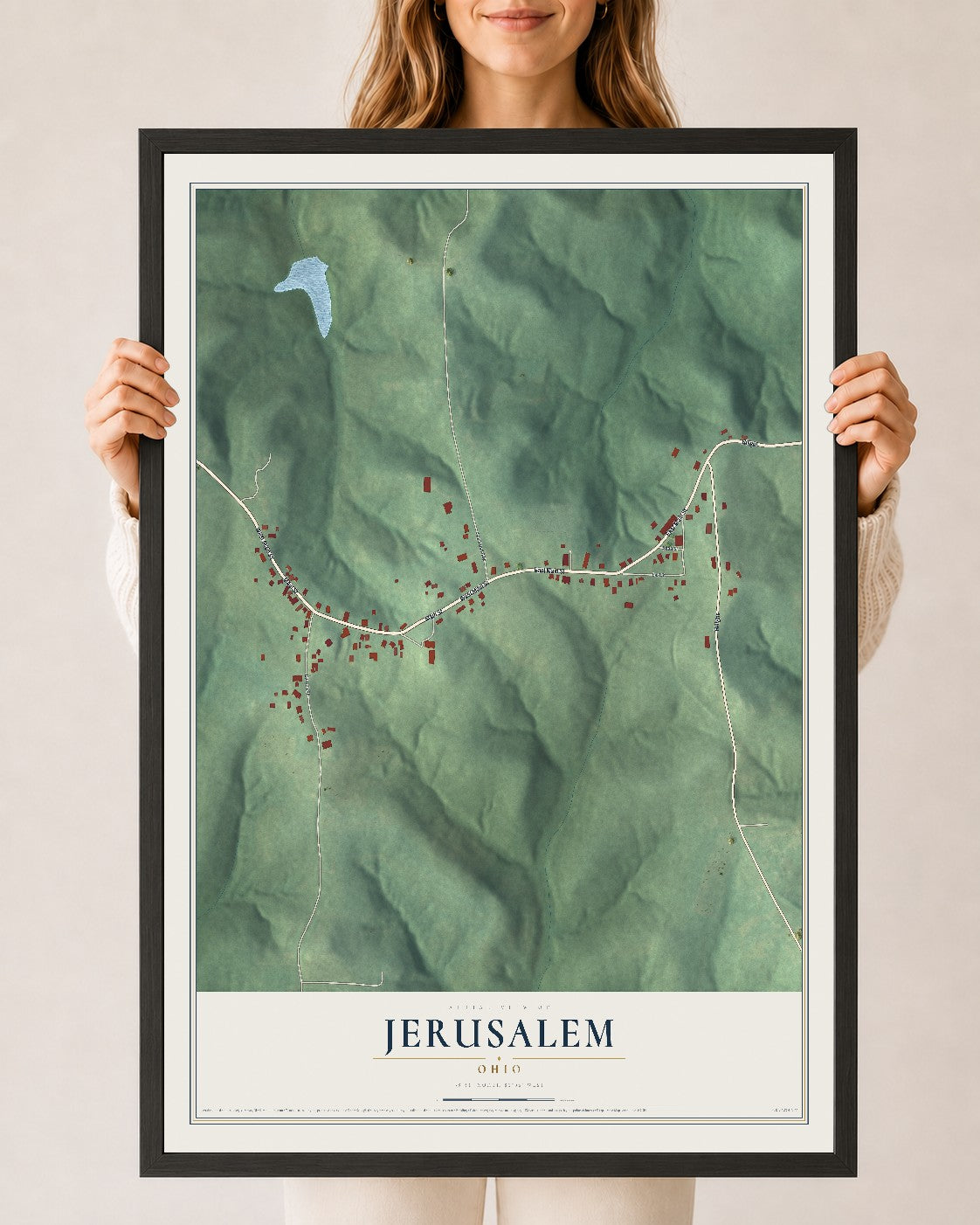 Map of Jerusalem, Ohio, 24 x 36 inch print in a black wood frame