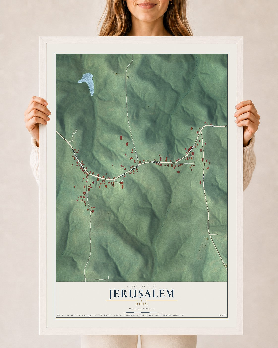 Map of Jerusalem, Ohio, 24 x 36 inch print in a white wood frame