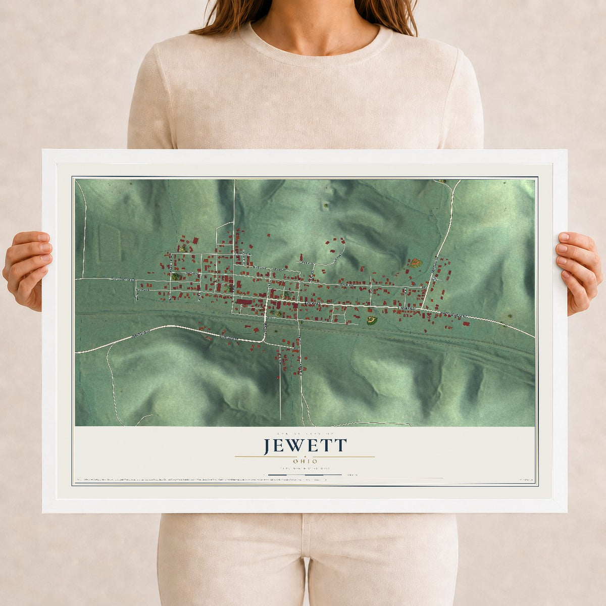 Map of Jewett, Ohio, 12 x 18 inch print in a white wood frame