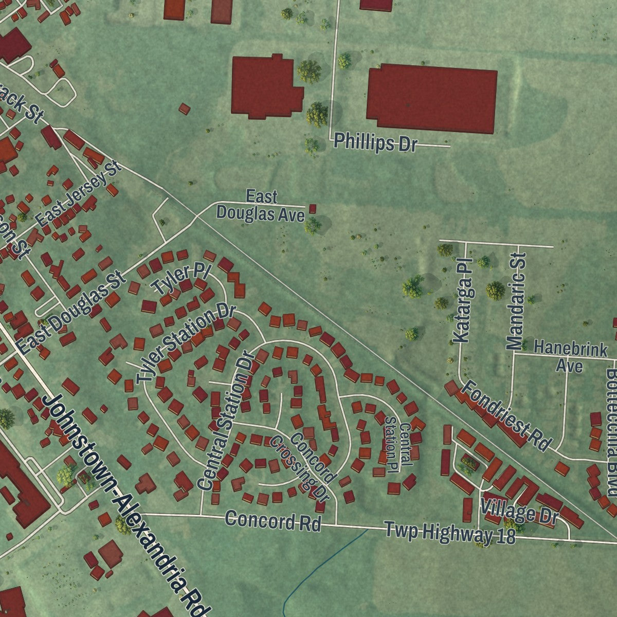 Second close-up of the map of Johnstown, Ohio print showing more streets and buildings