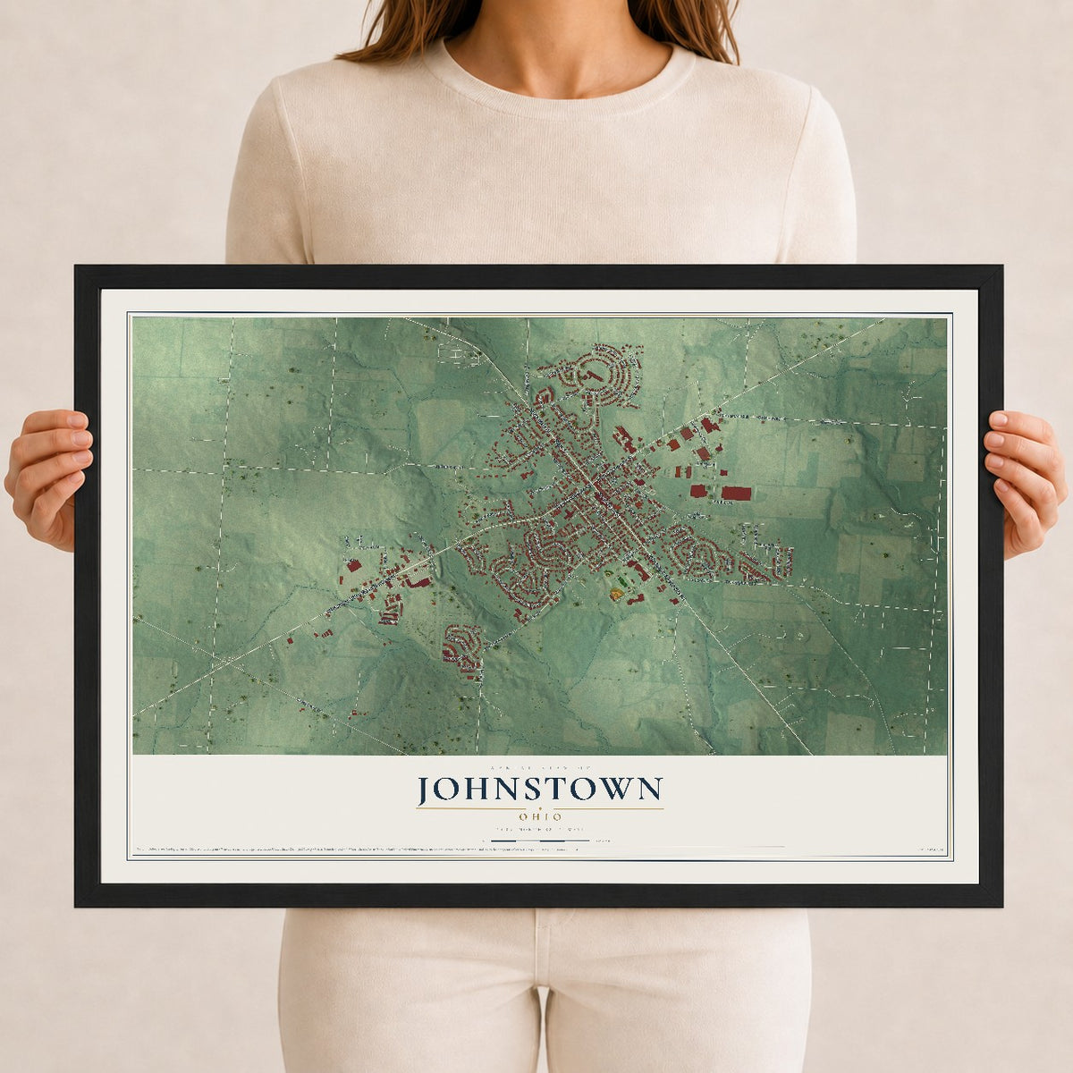 Map of Johnstown, Ohio, 12 x 18 inch print in a black wood frame