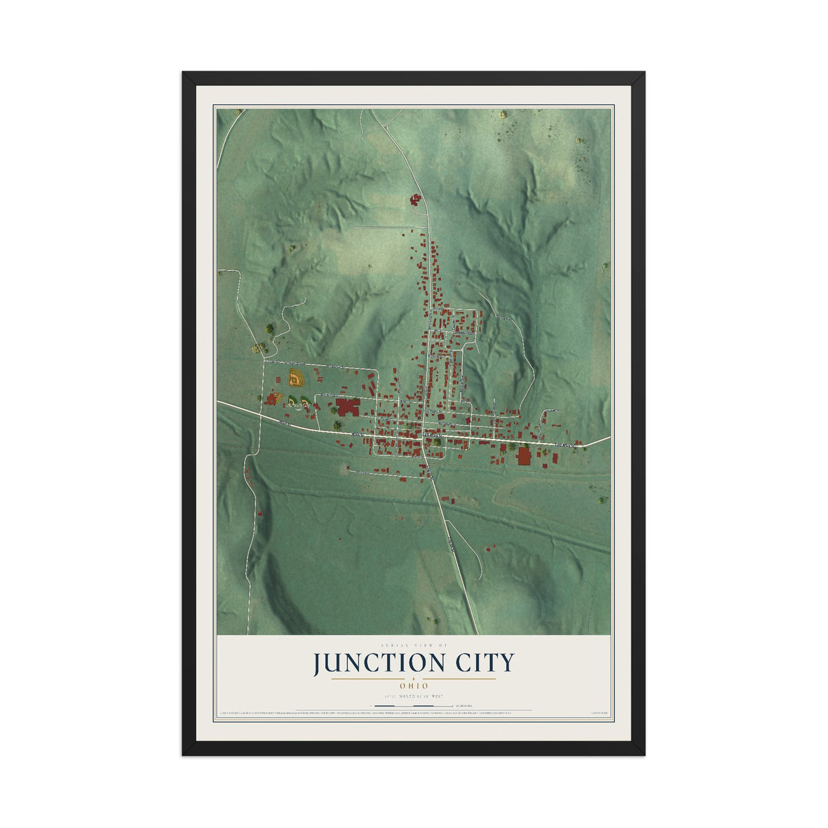 Map of Junction City, Ohio, 12 x 18 inch print in a black wood frame
