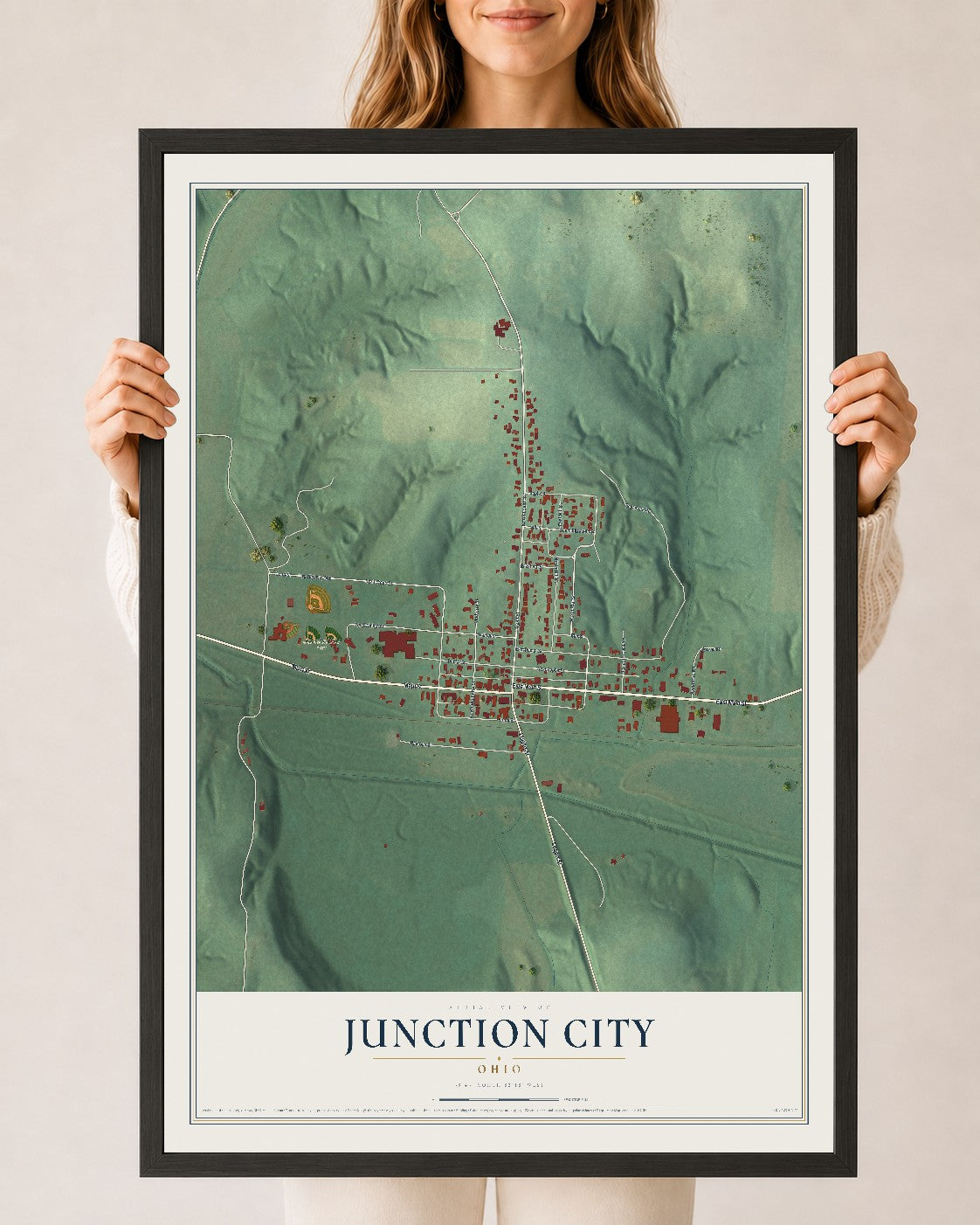 Map of Junction City, Ohio, 24 x 36 inch print in a black wood frame