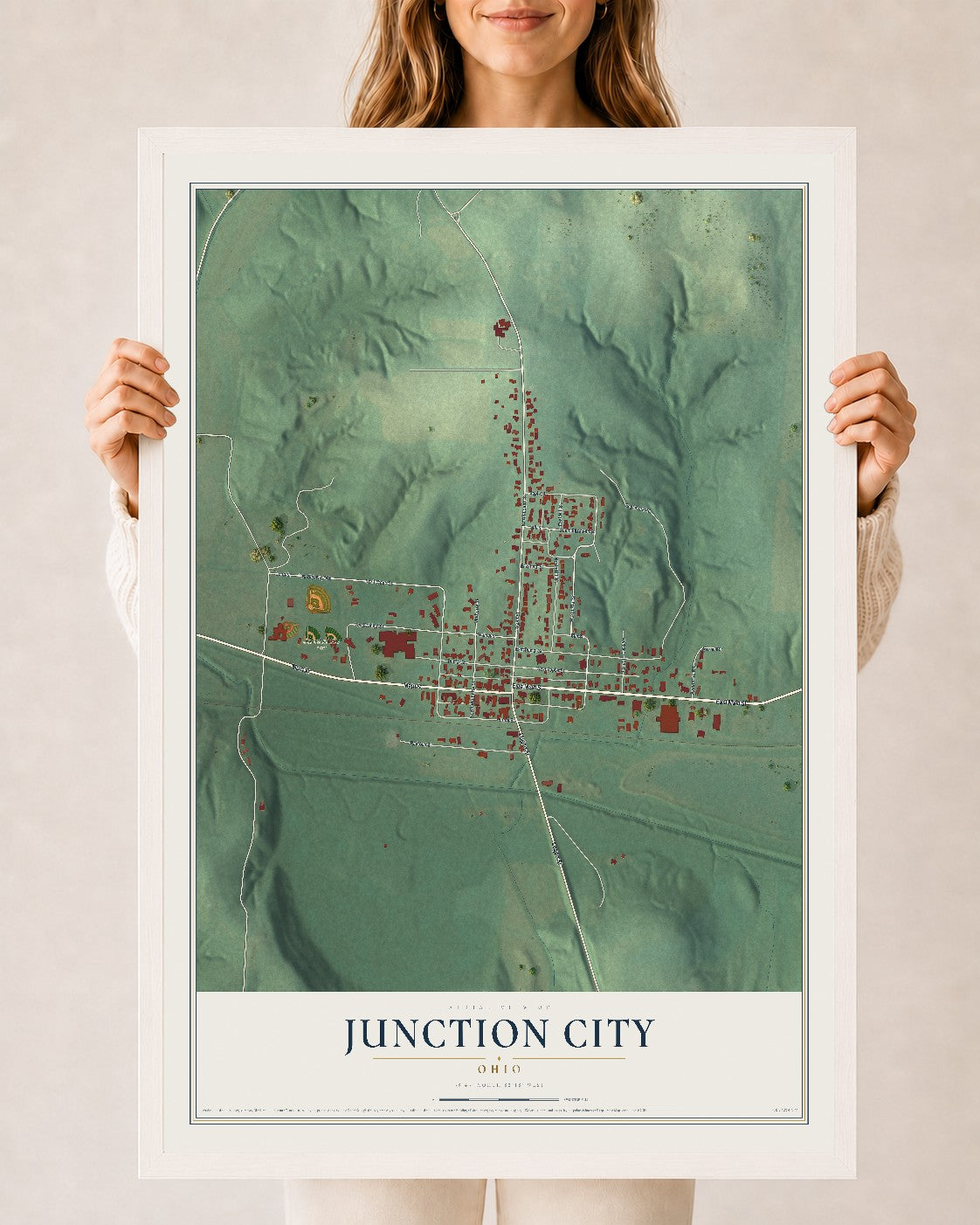 Map of Junction City, Ohio, 24 x 36 inch print in a white wood frame