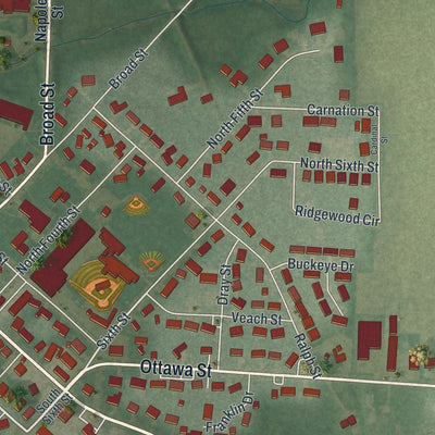Close-up of the map of Kalida, Ohio print showing street and building detail