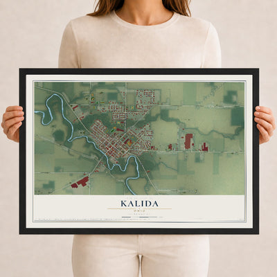 Map of Kalida, Ohio, 12 x 18 inch print in a black wood frame