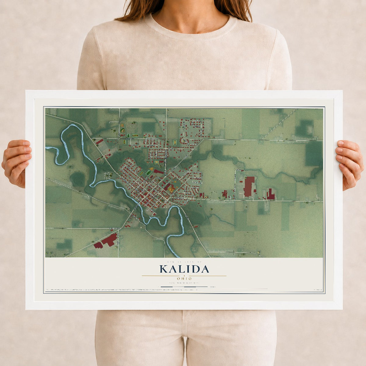 Map of Kalida, Ohio, 12 x 18 inch print in a white wood frame