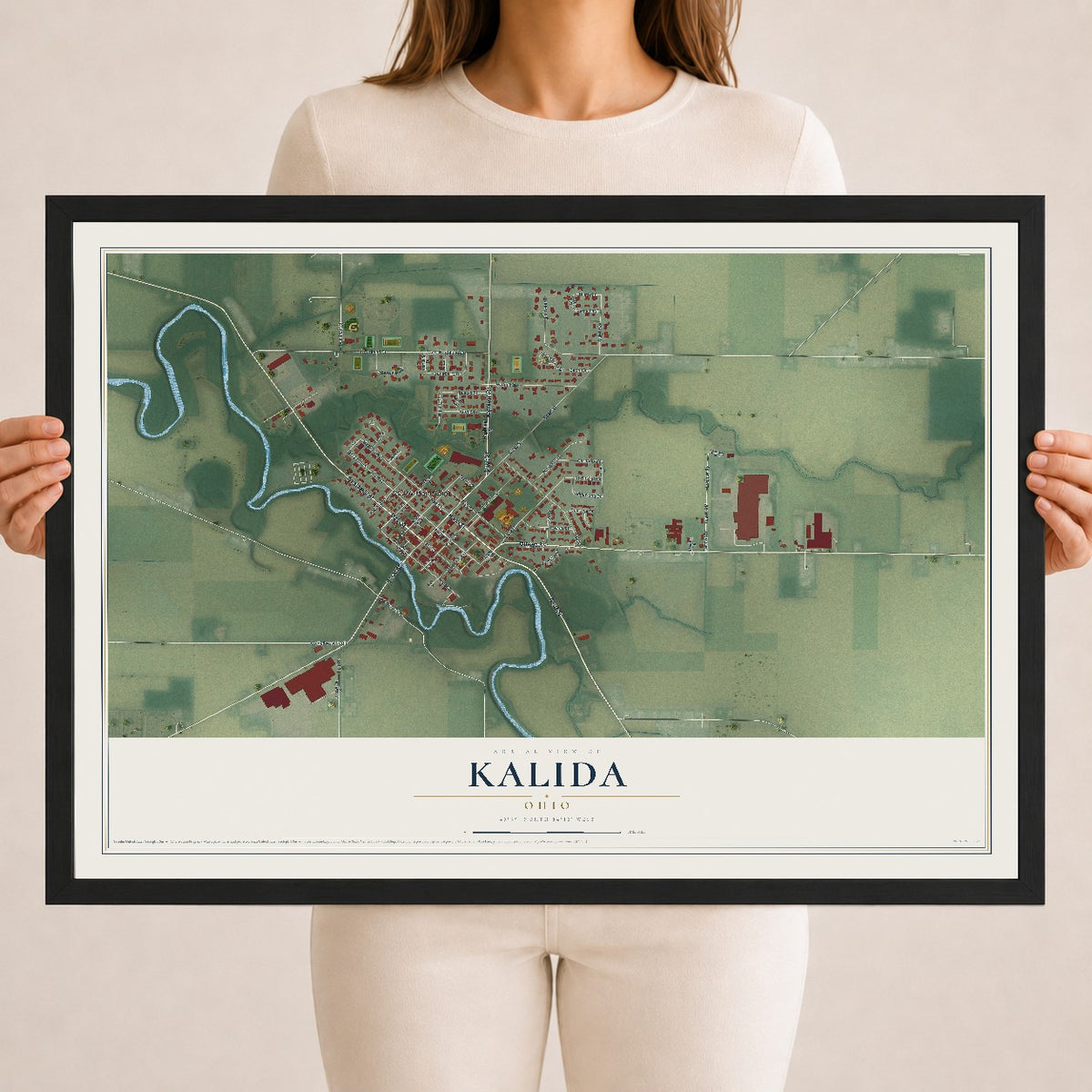 Map of Kalida, Ohio, 18 x 24 inch print in a black wood frame