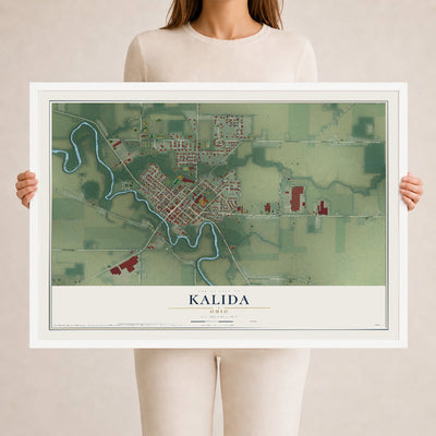 Map of Kalida, Ohio, 24 x 36 inch print in a white wood frame