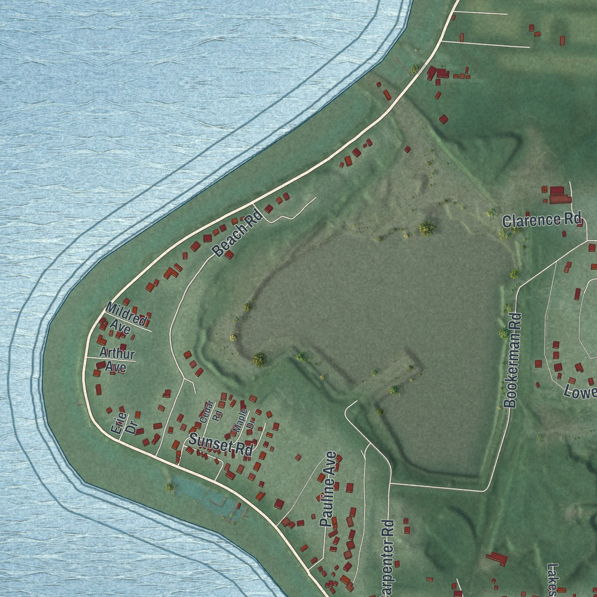 Close-up of the map of Kelleys Island, Ohio print showing street and building detail