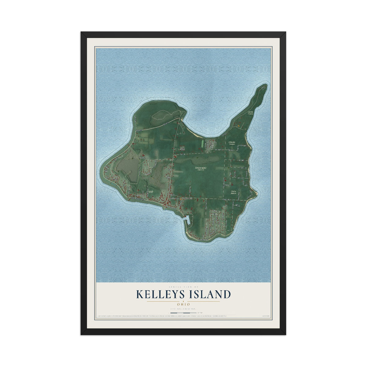 Map of Kelleys Island, Ohio, 12 x 18 inch print in a black wood frame