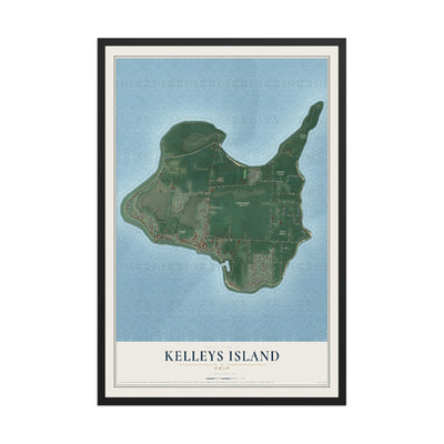 Map of Kelleys Island, Ohio, 12 x 18 inch print in a black wood frame
