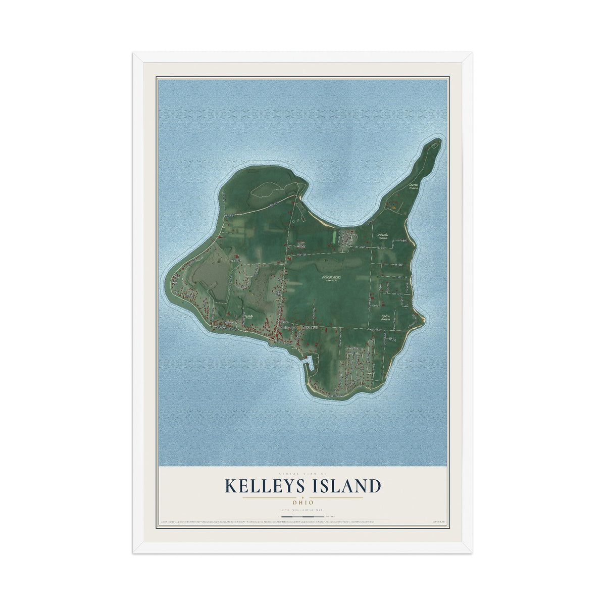 Map of Kelleys Island, Ohio, 12 x 18 inch print in a white wood frame